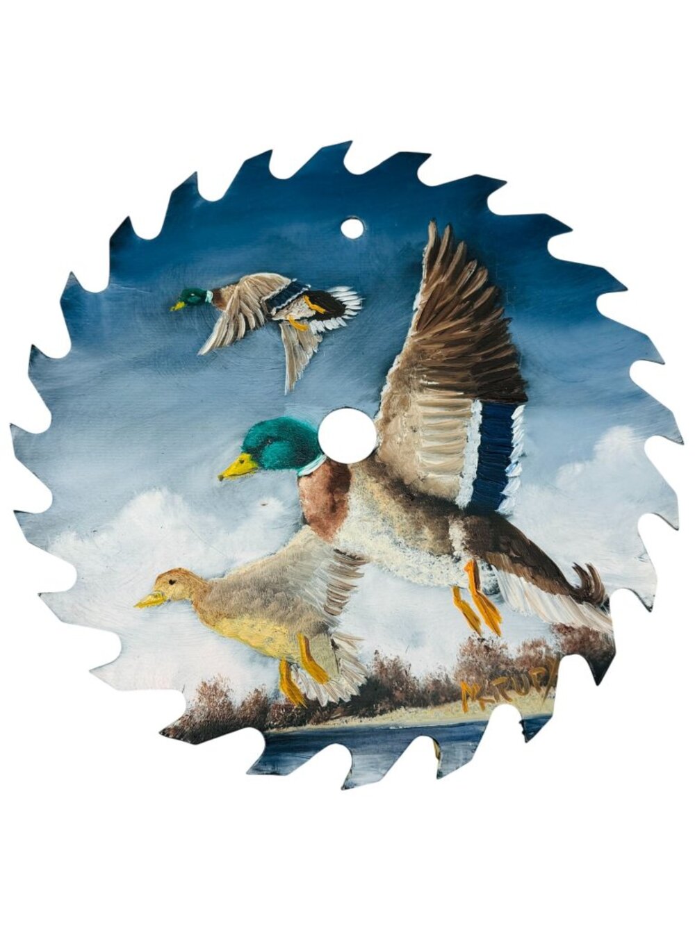 Hand Painted Saw Blade Wall Art 7 Inch Mallard Duck Wildlife Scene Metal Décor